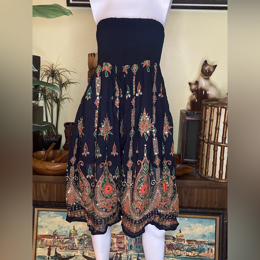 Bohemian sequin painted skirtdress India hippie desert chic festival freebird